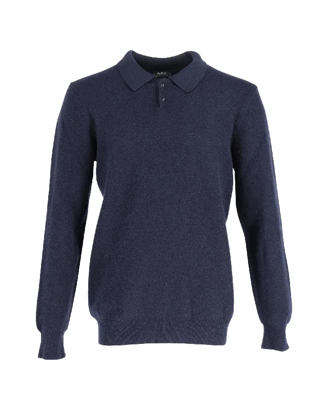 A.P.C. Long Sleeve Polo Shirt in Navy Blue Wool