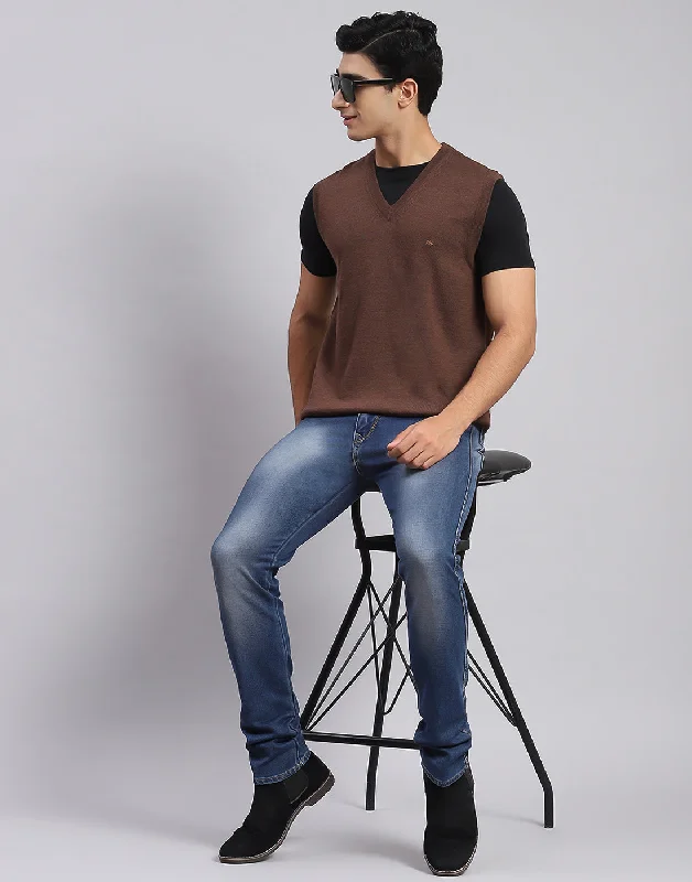 Seasonal sale  Men Brown Solid V Neck Sleeveless Sweaters/Pullovers