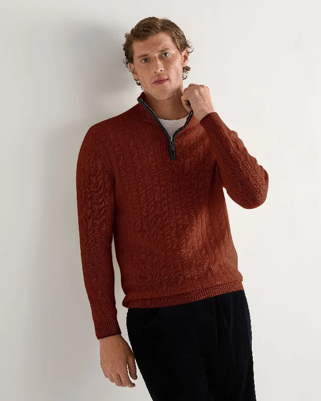 Men's Albemarle Cable Half Zip Cashmere Sweater Spice Orange