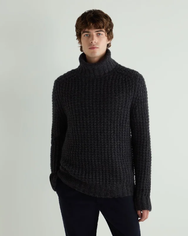 Men's Chunky Moss Stitch Turtle Neck Cashmere Sweater Granite Grey