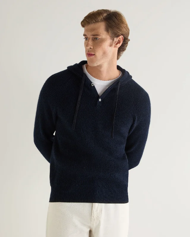 Men's Balham Rib Hooded Cashmere Sweater Navy Blue Melange