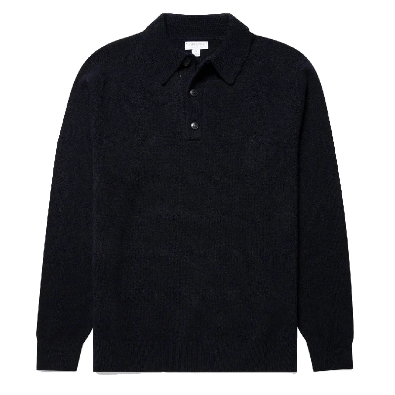 Sunspel Lambswool Polo Shirt Dark Navy Mouline