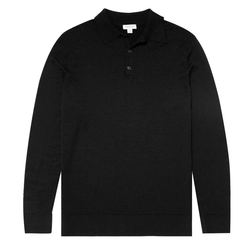 Sunspel Extra-Fine Merino Polo Shirt Black