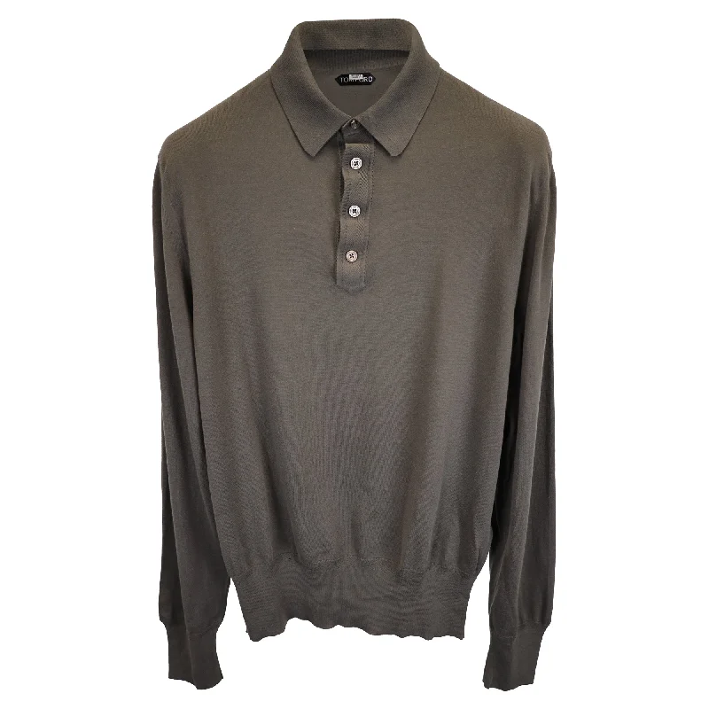 Tom Ford Long-Sleeve Knit Polo T-Shirt in Green Silk and Cotton