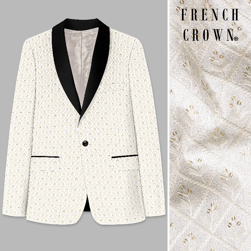 Clearance sale – shop men's clothing at discounted prices! Bright White and Bone Beige Geometric Thread and Sequin Embroidered Tuxedo Blazer Clearance sale – shop men's clothing at discounted prices! Bright White and Bone Beige Geometric Thread and Sequin Embroidered Tuxedo Blazer