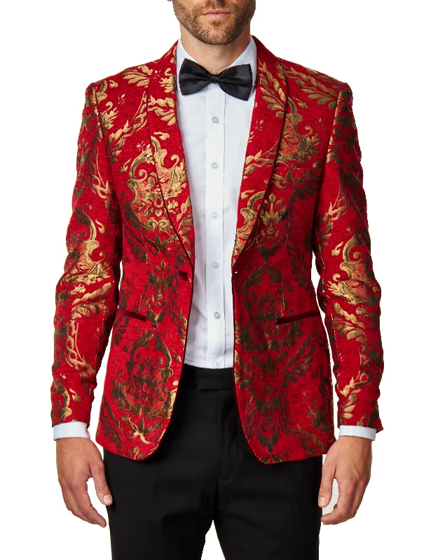 Shop the latest trends in men's clothing at unbeatable prices. GLEN - Gold Brocade Paisley Print on Crimson Red Jacquard Tux Jacket Shop the latest trends in men's clothing at unbeatable prices. GLEN - Gold Brocade Paisley Print on Crimson Red Jacquard Tux Jacket