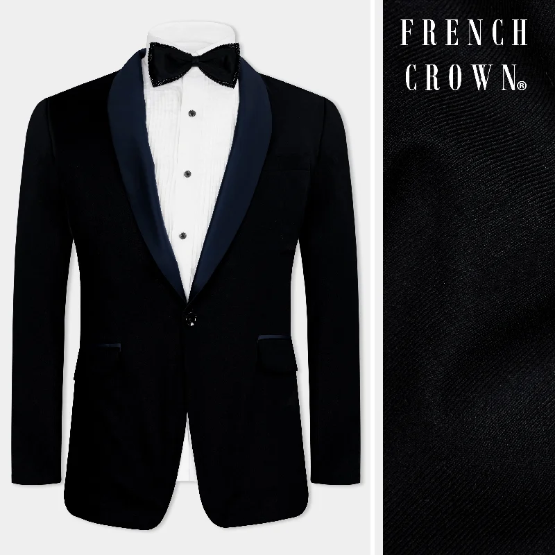 Shop stylish clothing for less – Great deals this week only. Jade Black Subtle Sheen with Blue lapel Tuxedo Blazer Shop stylish clothing for less – Great deals this week only. Jade Black Subtle Sheen with Blue lapel Tuxedo Blazer