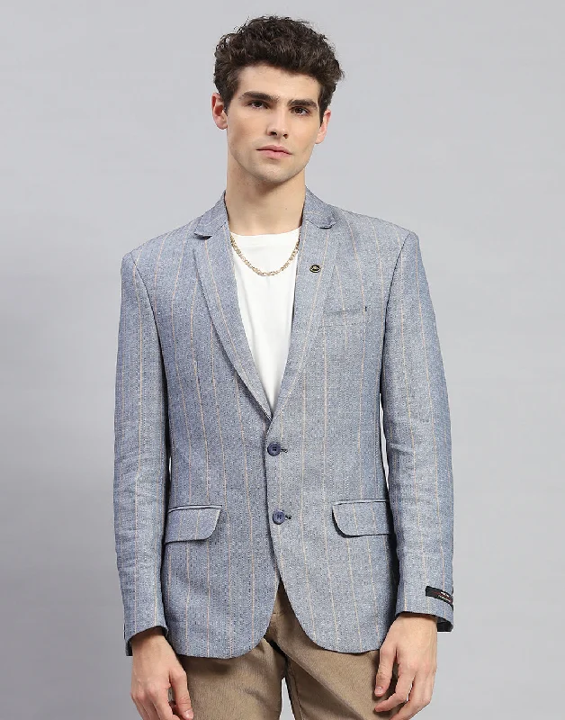 Men Grey Stripe Notch Lapel Collar Full Sleeve Blazer