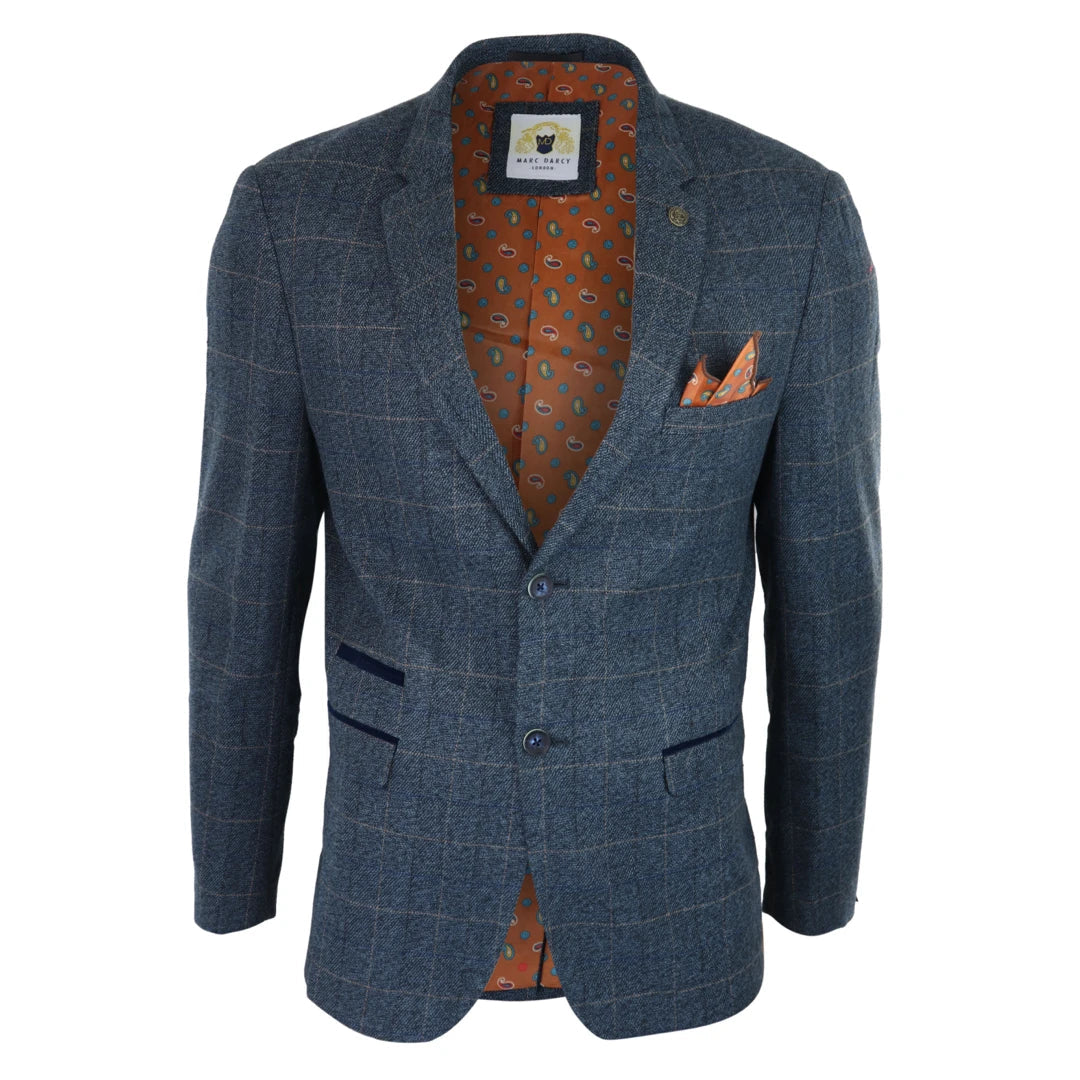 Mens Blue Check Blazer Herringbone Tweed Vintage Tailored Fit Grey Velvet