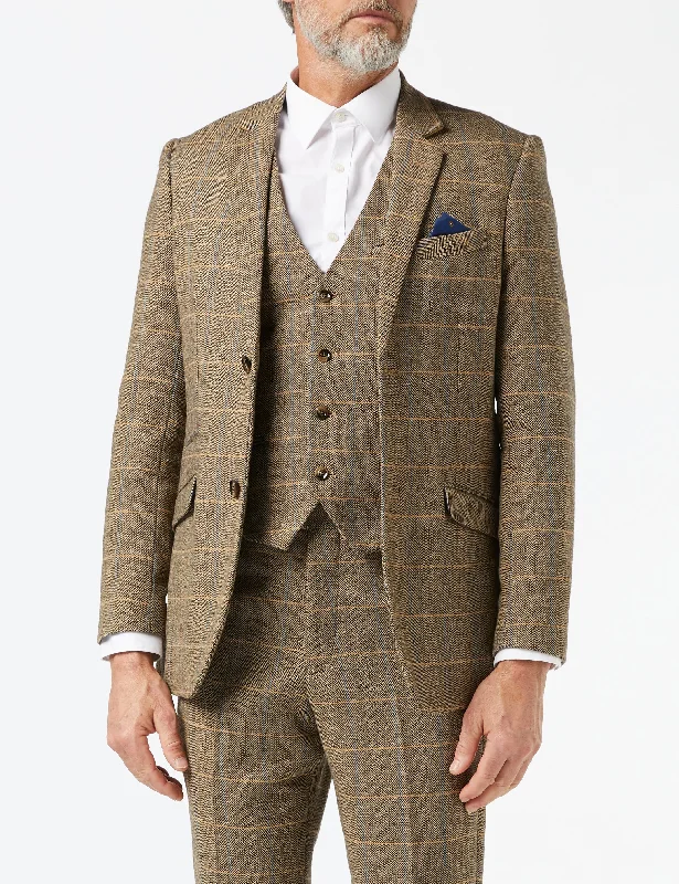 Exclusive offers on men’s wardrobe essentials – save more now!  TWEED CHECK HERRINGBONE TAN JACKET