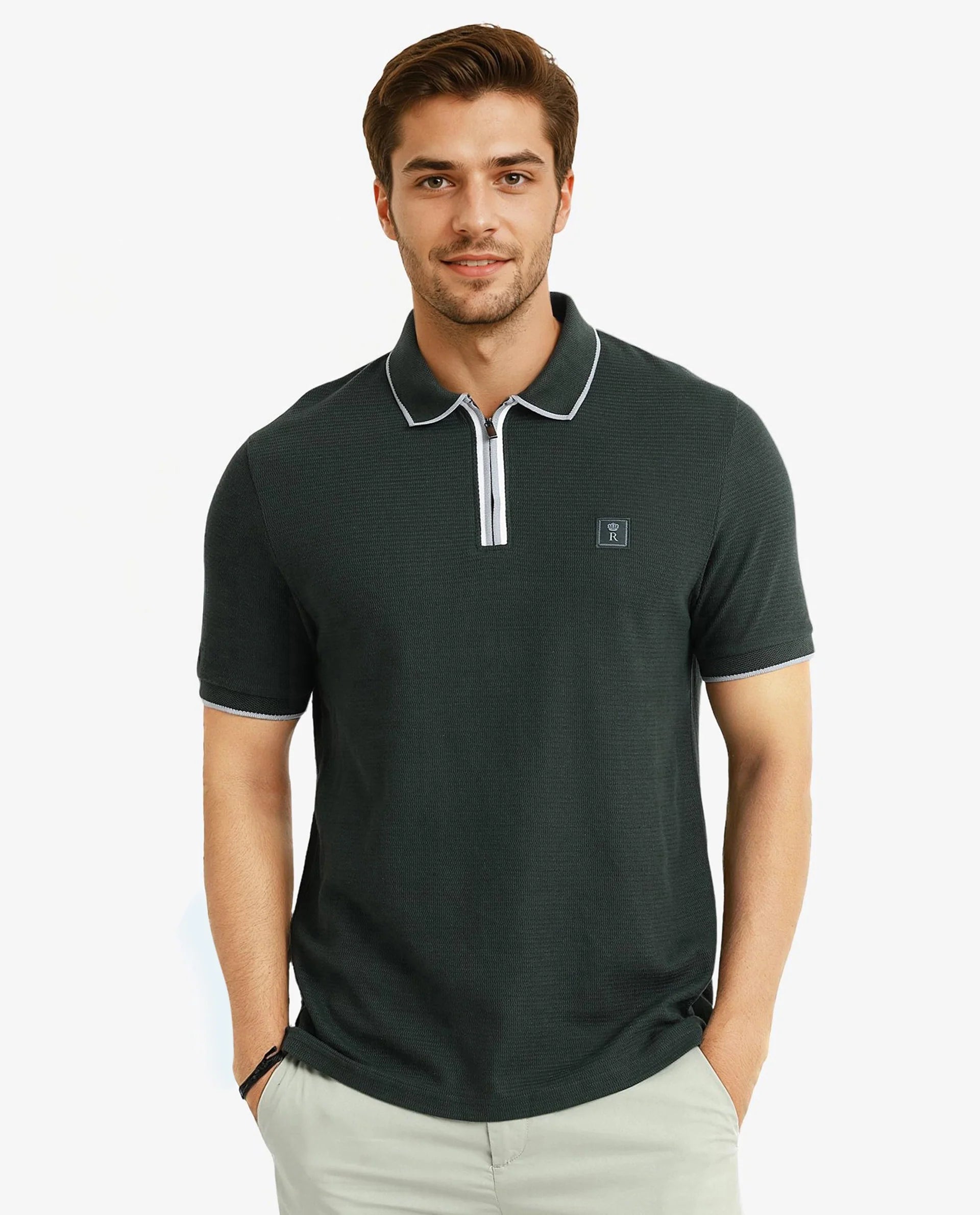 Shop our exclusive men’s fashion deals – limited time only! Rare Rabbit Men's Burrow Dark Green Cotton Fabric Short Sleeve Contrasting Collar and Placket Detailing Zip Closure Regular Fit Textured Polo T-Shirt Shop our exclusive men’s fashion deals – limited time only! Rare Rabbit Men's Burrow Dark Green Cotton Fabric Short Sleeve Contrasting Collar and Placket Detailing Zip Closure Regular Fit Textured Polo T-Shirt
