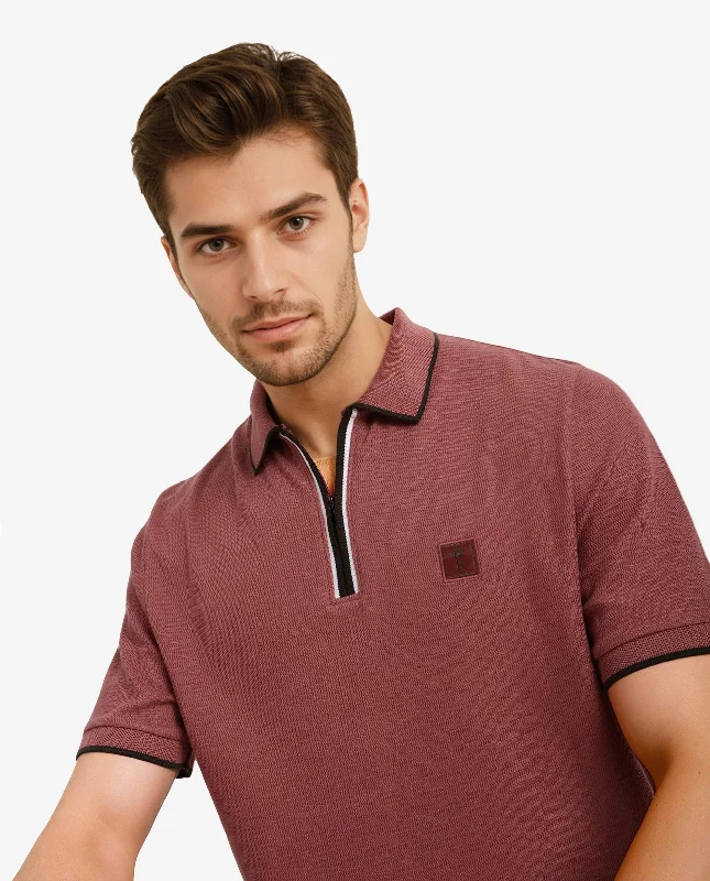 Flash sale alert! Shop fashion-forward clothing at discounted prices.  Rare Rabbit Men's Burrow Dusky Pink Cotton Fabric Short Sleeve Contrasting Collar and Placket Detailing Zip Closure Regular Fit Textured Polo T-Shirt