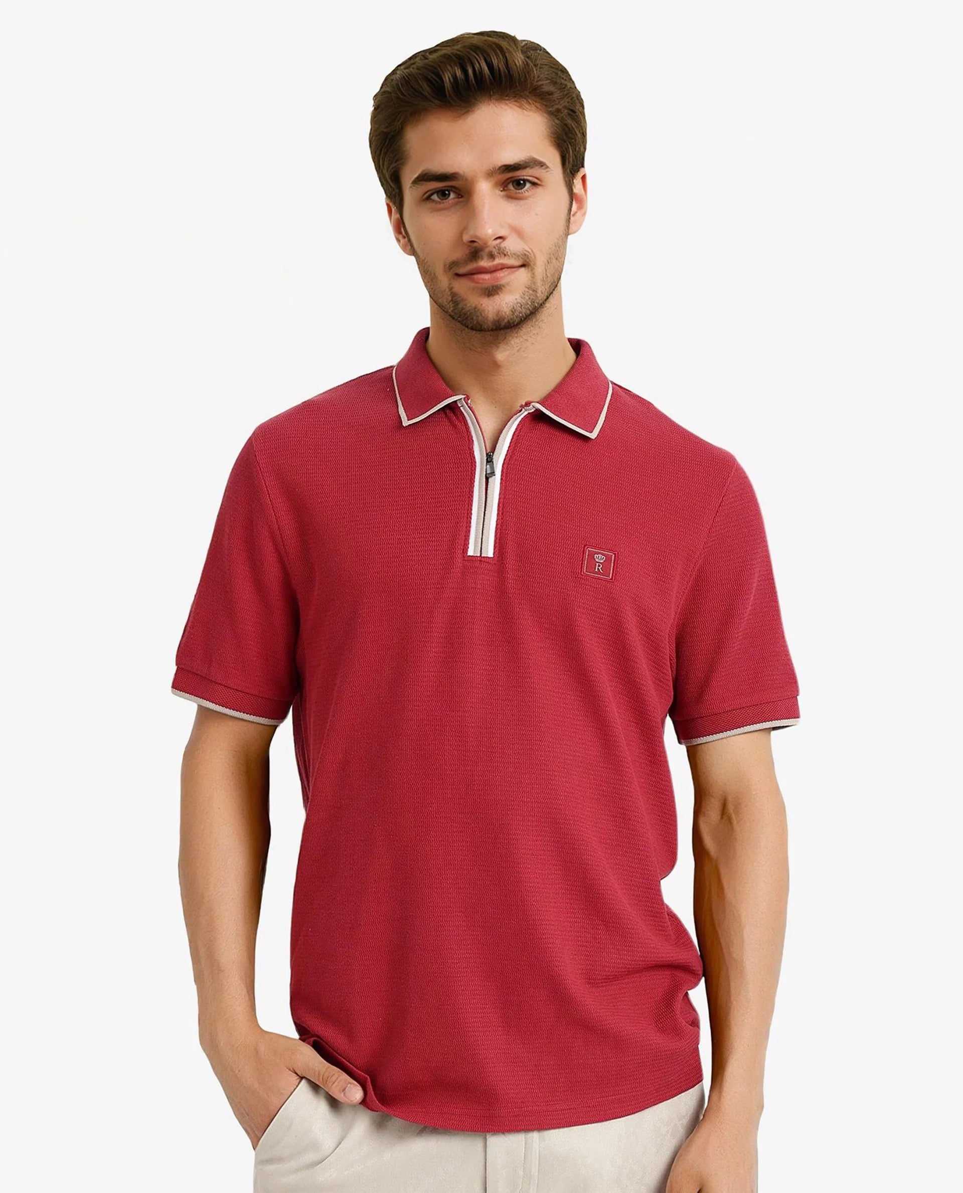 Shop fashion favorites at discounted prices – Limited time offer. Rare Rabbit Men's Burrow Red Cotton Fabric Short Sleeve Contrasting Collar and Placket Detailing Zip Closure Regular Fit Textured Polo T-Shirt Shop fashion favorites at discounted prices – Limited time offer. Rare Rabbit Men's Burrow Red Cotton Fabric Short Sleeve Contrasting Collar and Placket Detailing Zip Closure Regular Fit Textured Polo T-Shirt