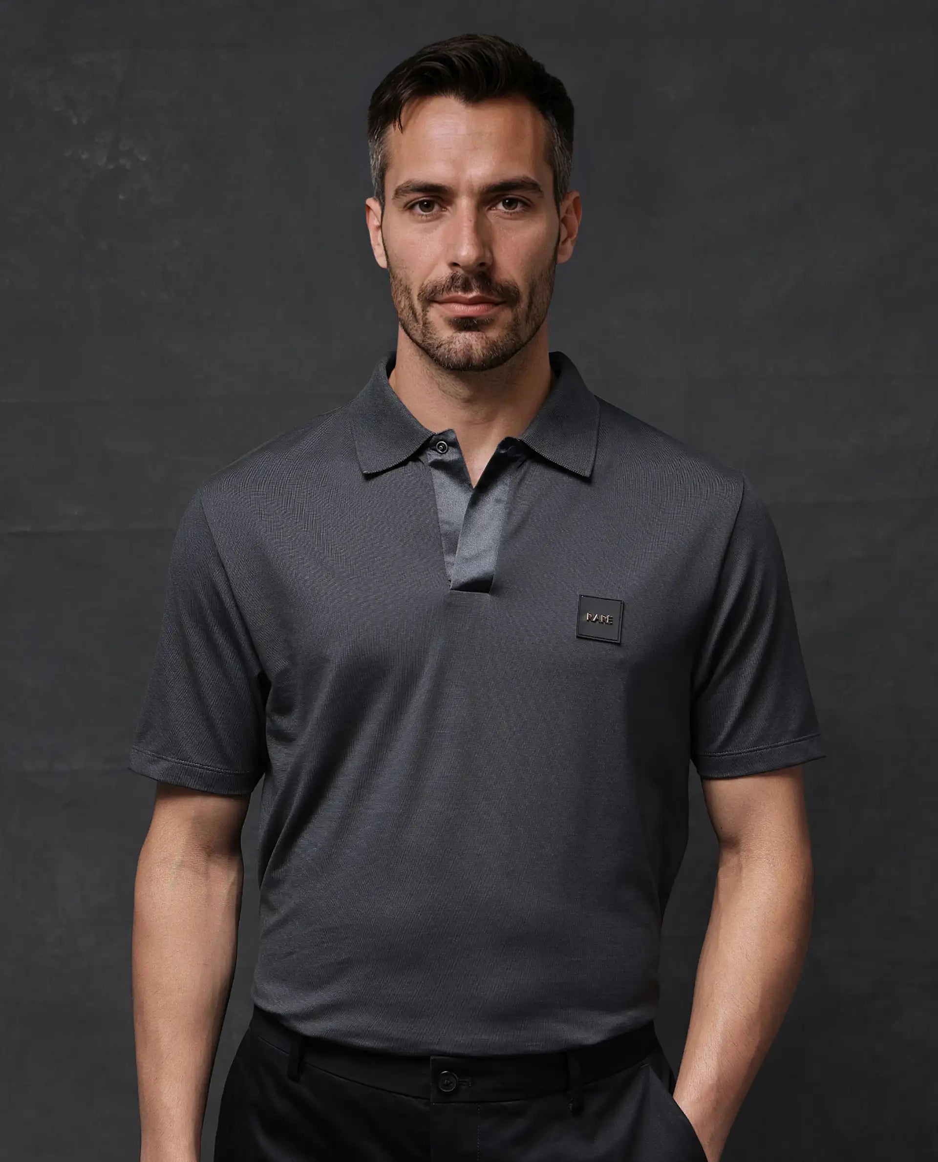 Shop the best clothing sales of the year! Rare Rabbit Men Centor Dark Grey Short Sleeve Regular Collar Snap Button Closure Plain Polo Shop the best clothing sales of the year! Rare Rabbit Men Centor Dark Grey Short Sleeve Regular Collar Snap Button Closure Plain Polo