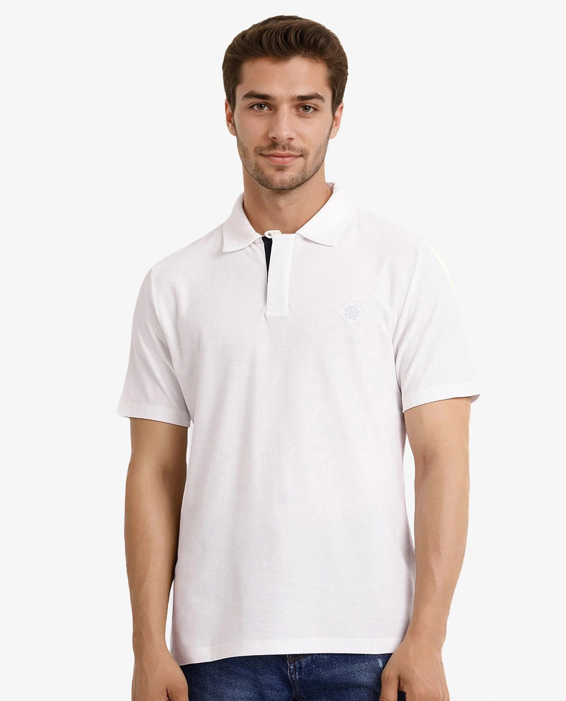 Rare Rabbit Men's Charles Off White Cotton Fabric Short Sleeve Regular Fit Plain Knitted Polo T-Shirt