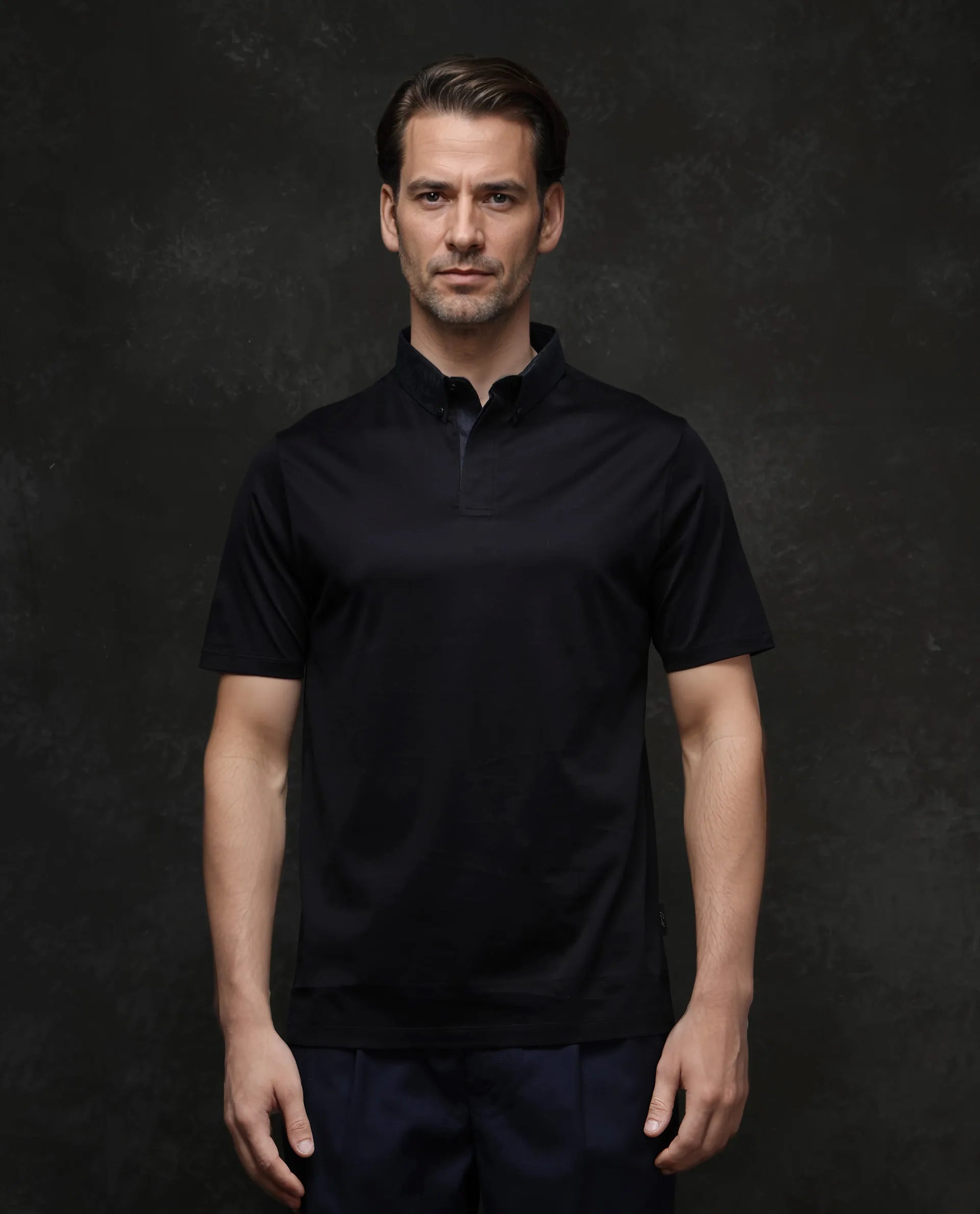 Rare Rabbit Men Clarence-1 Black Short Sleeve Collared Neck Button Closure Plain Polo