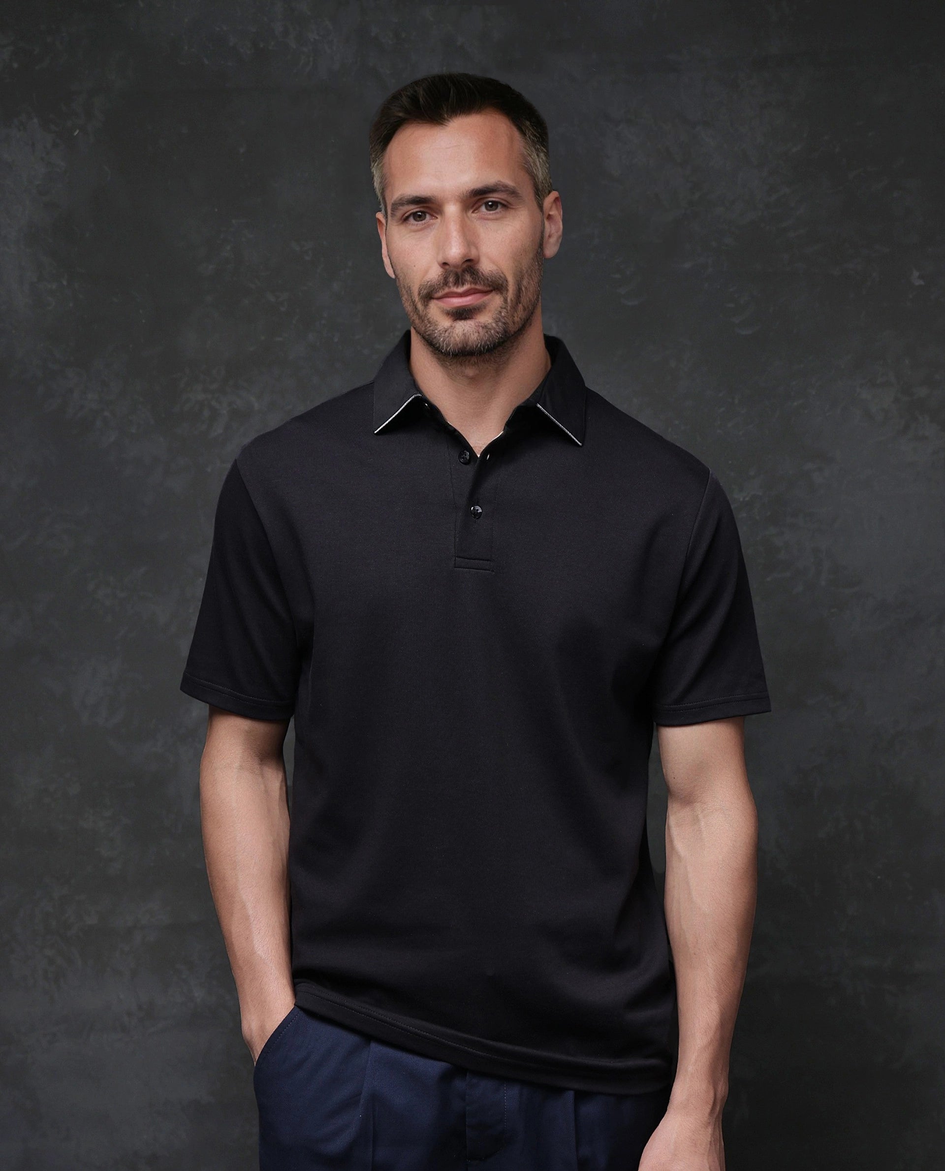 Upgrade your wardrobe with stylish men's apparel – now on sale! Rare Rabbit Men Clive Black Cotton Lycra Fabric Short Sleeve Regular Fit Plain Polo Upgrade your wardrobe with stylish men's apparel – now on sale! Rare Rabbit Men Clive Black Cotton Lycra Fabric Short Sleeve Regular Fit Plain Polo