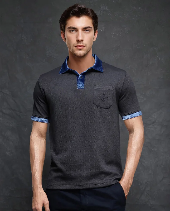 Rare Rabbit Men Danil-1 Dark Grey Cotton Fabric Contrast Detailing Velvet Collar And Sleeves Half Sleeve Polo T-Shirt