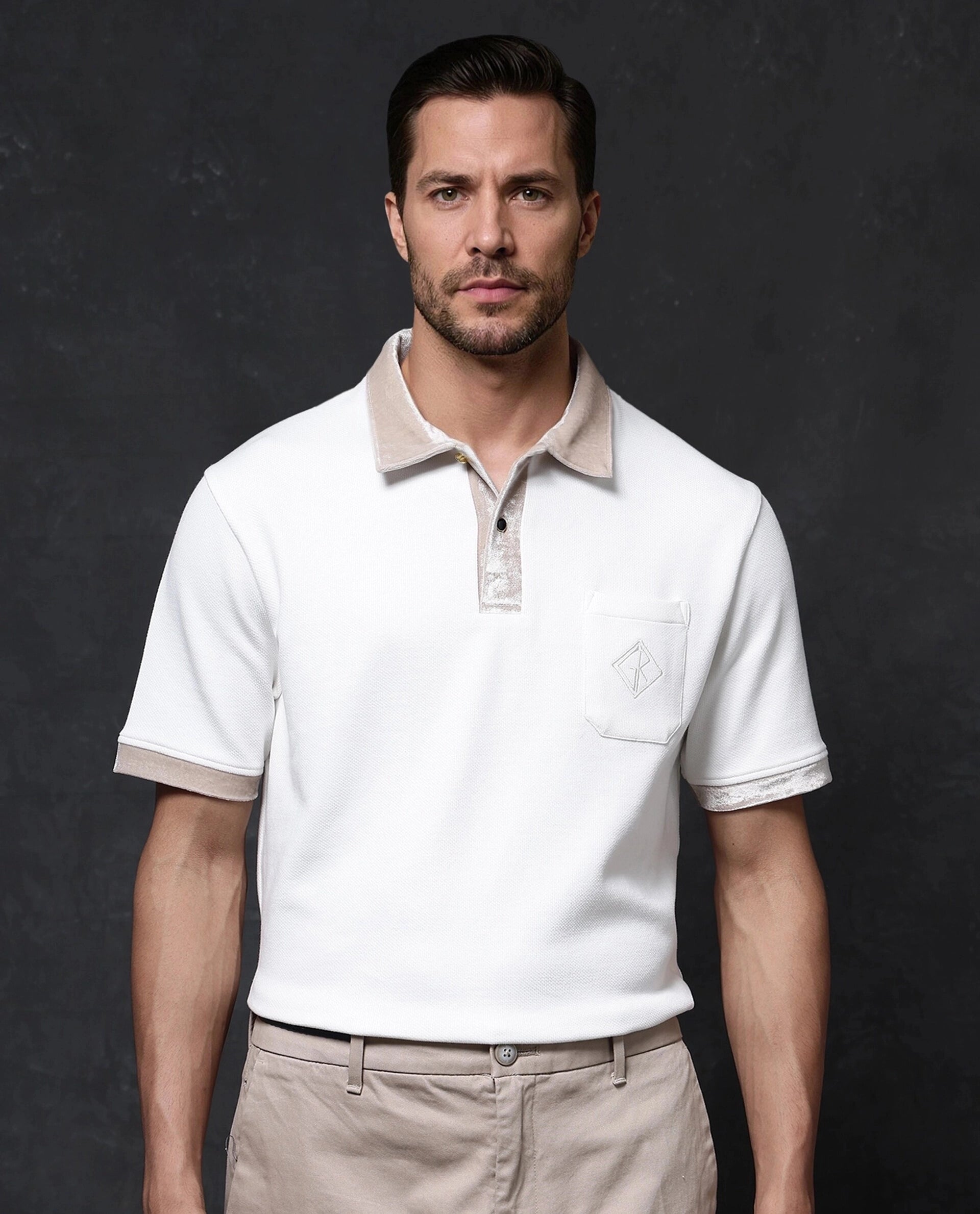 Rare Rabbit Men Danil-1 Off White Cotton Fabric Contrast Detailing Velvet Collar And Sleeves Half Sleeve Polo T-Shirt