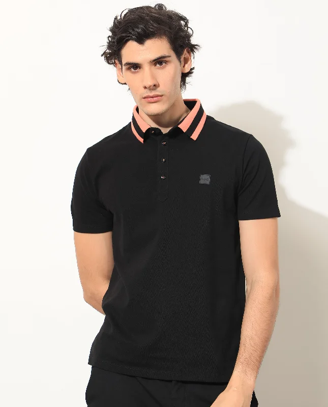 Don’t wait – Shop now for limited-time discounts on trendy clothing. Rare Rabbit Men's Divide Black Cotton Fabric Striped Collar Half Sleeves Polo T-Shirt Don’t wait – Shop now for limited-time discounts on trendy clothing. Rare Rabbit Men's Divide Black Cotton Fabric Striped Collar Half Sleeves Polo T-Shirt