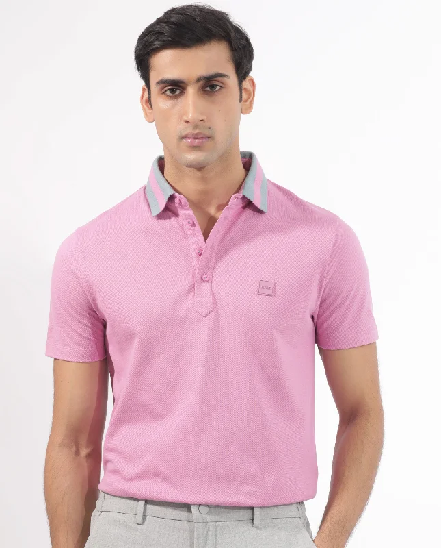 Rare Rabbit Men's Divide Light Purple Cotton Fabric Striped Collar Half Sleeves Polo T-Shirt