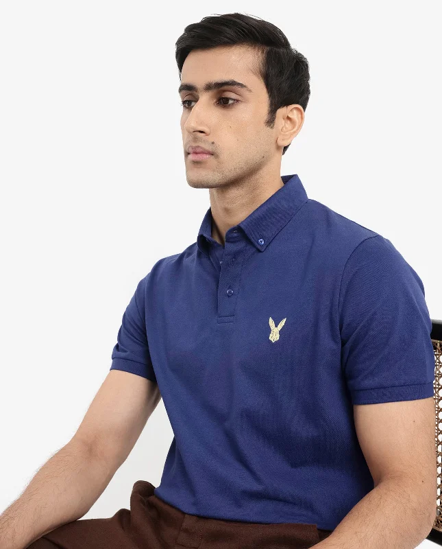 Rare Rabbit  Men's Face Blue Cotton Fabric Short Sleeves Button Down Collar Embroidered Logo Regular Fit Plain Polo T-Shirt