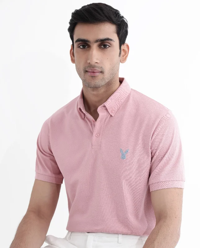 Rare Rabbit Men's Face Light Pink Cotton Fabric Short Sleeves Button Down Collar Embroidered Logo Regular Fit Plain Polo T-Shirt