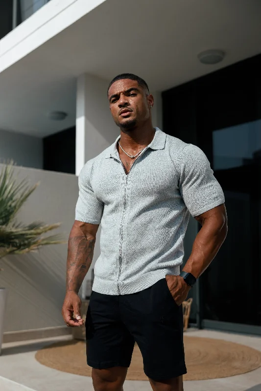 Shop the best clothing sales of the year!  Father Sons Classic Knitted Textured Design With Full Length Zip Light Grey Short Sleeve - FSN154