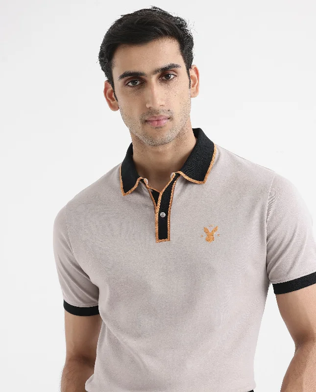 Rare Rabbit Men's Lark Dusky Beige Contrasting Collar And Half Sleeves Regular Fit Plain Knitted Polo T-Shirt