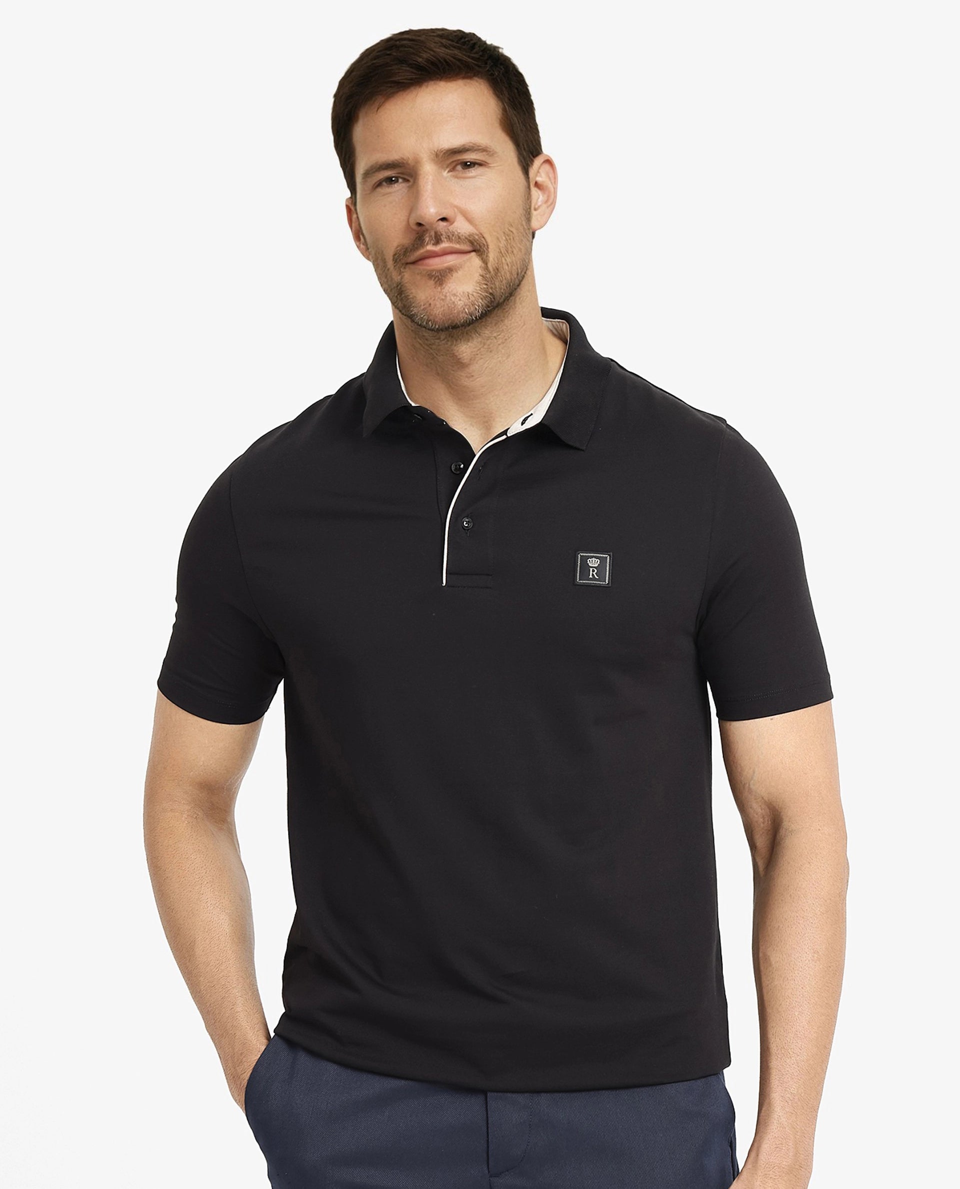 Save up to 60% on new arrivals in clothing – Shop now! Rare Rabbit Men's Maq Black Cotton Polyester Lycra Fabric Short Sleeve Contrasting Placket Piping Regular Fit Plain Polo T-Shirt Save up to 60% on new arrivals in clothing – Shop now! Rare Rabbit Men's Maq Black Cotton Polyester Lycra Fabric Short Sleeve Contrasting Placket Piping Regular Fit Plain Polo T-Shirt
