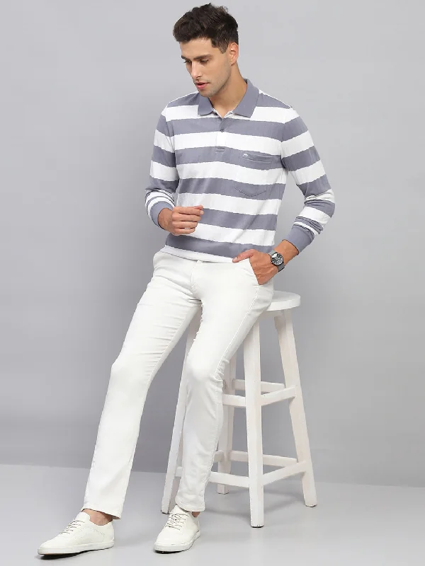 Men Grey & White Stripe Polo Collar Full Sleeve T-Shirt