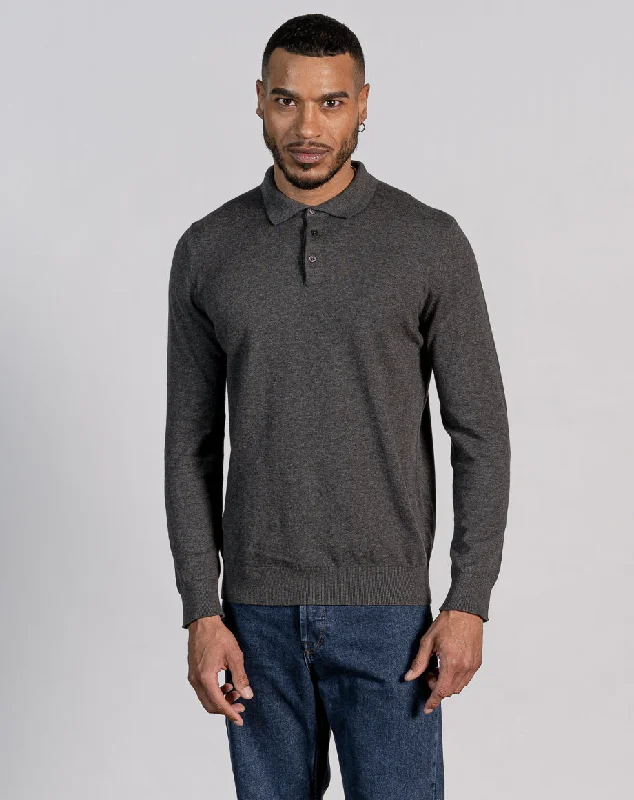 Men’s fashion sale – new deals added every day!  ESSENTIAL LONG SLEEVE BUTTON KNITTED POLO - CHARCOAL MARL