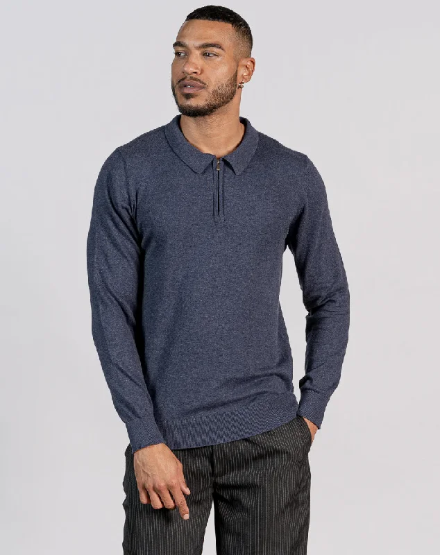 ESSENTIAL LONG SLEEVE ZIPPED NECK POLO | NAVY