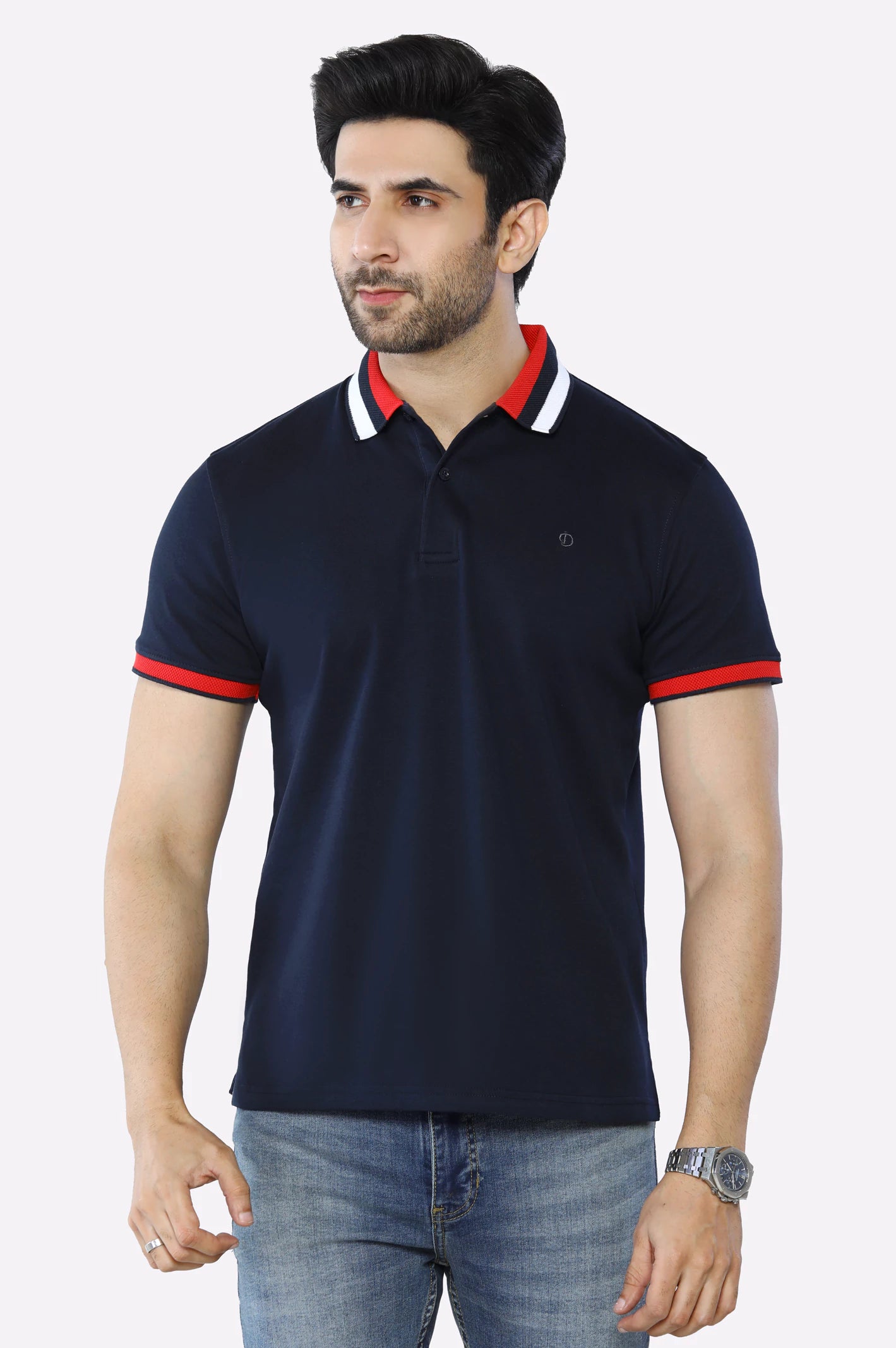 – Shop trendy clothing now.  Navy Blue Jacquard Collar Polo
