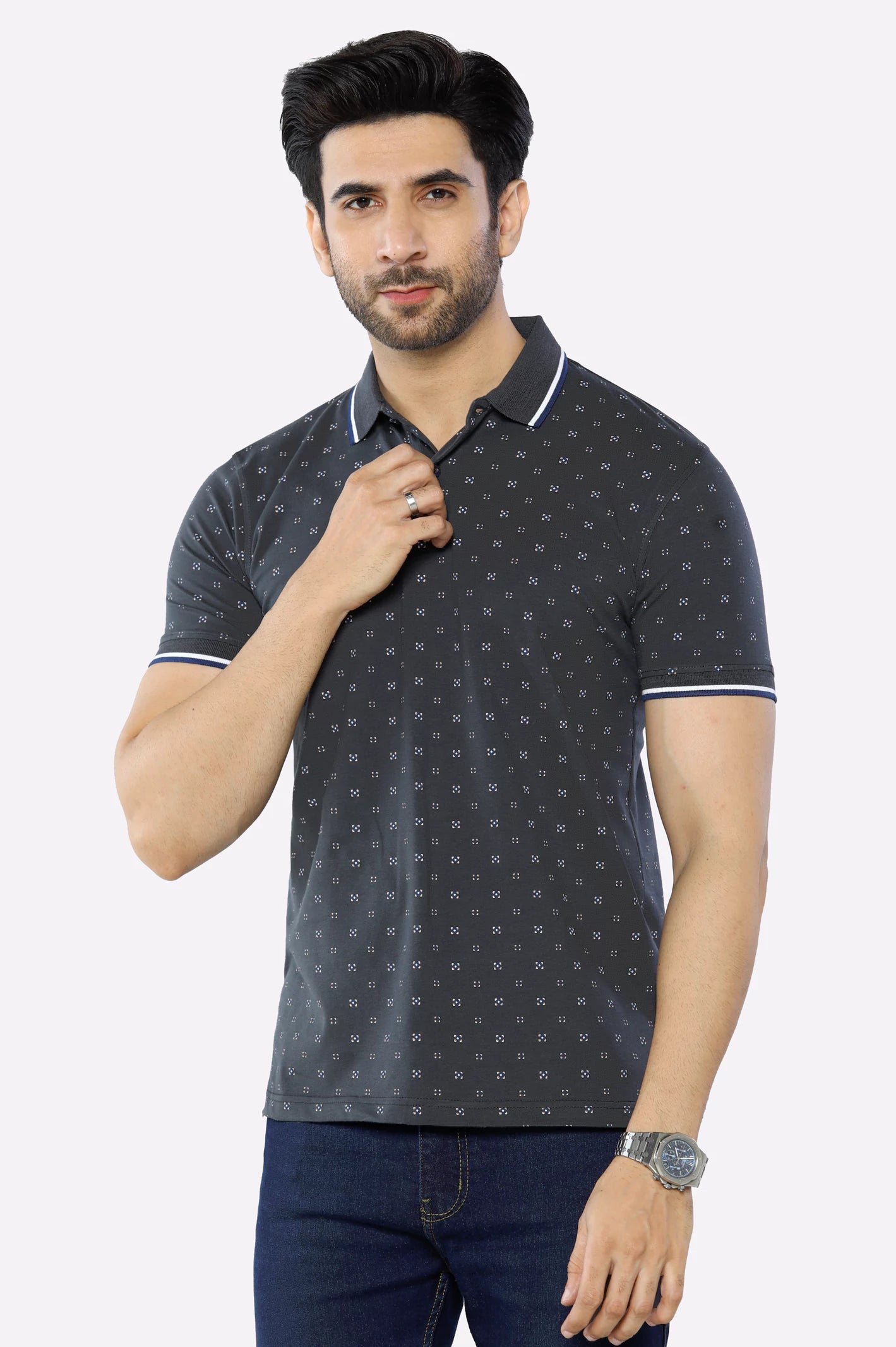 Shop now for fresh styles at discounted prices.  Charcoal Printed Polo