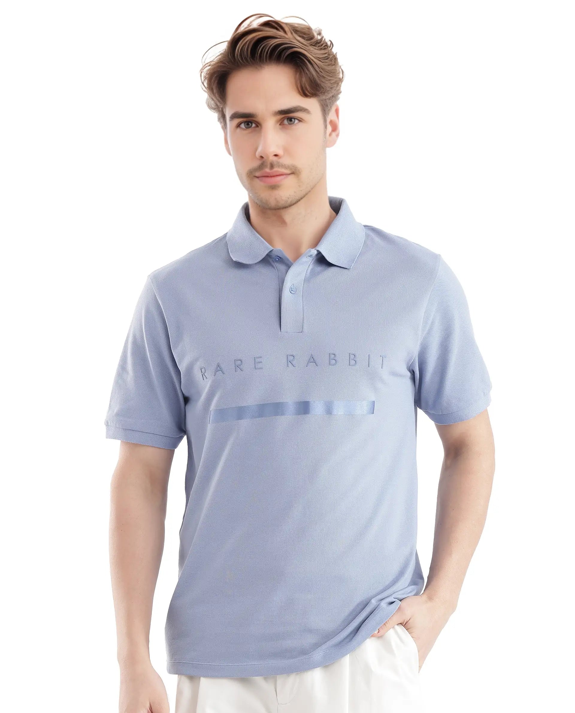 Rare Rabbit Men Nellit Pastel Blue Short Sleeve Collared Neck Plain Polo