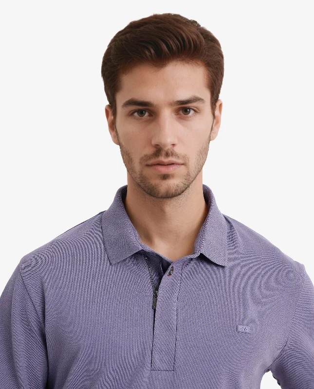 Rare Rabbit Men Salis-2 Dusky Purple Cotton Fabric Collared Neck Zipper And Snap Button Closure Half Sleeves Polo T-Shirt