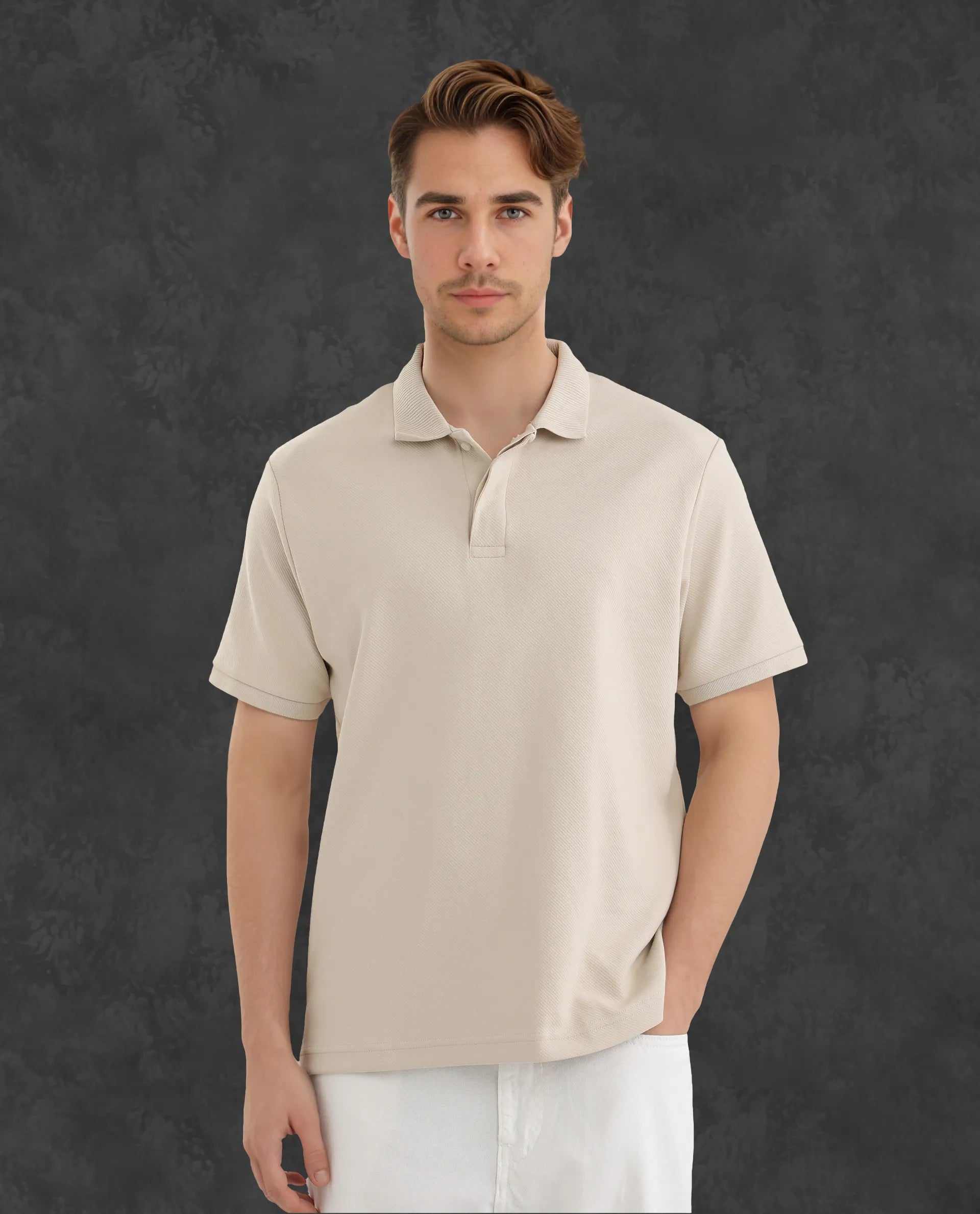 Rare Rabbit Men Spec Off White Cotton Polyester Fabric Short Sleeve Collared Neck Button Closure Plain Polo