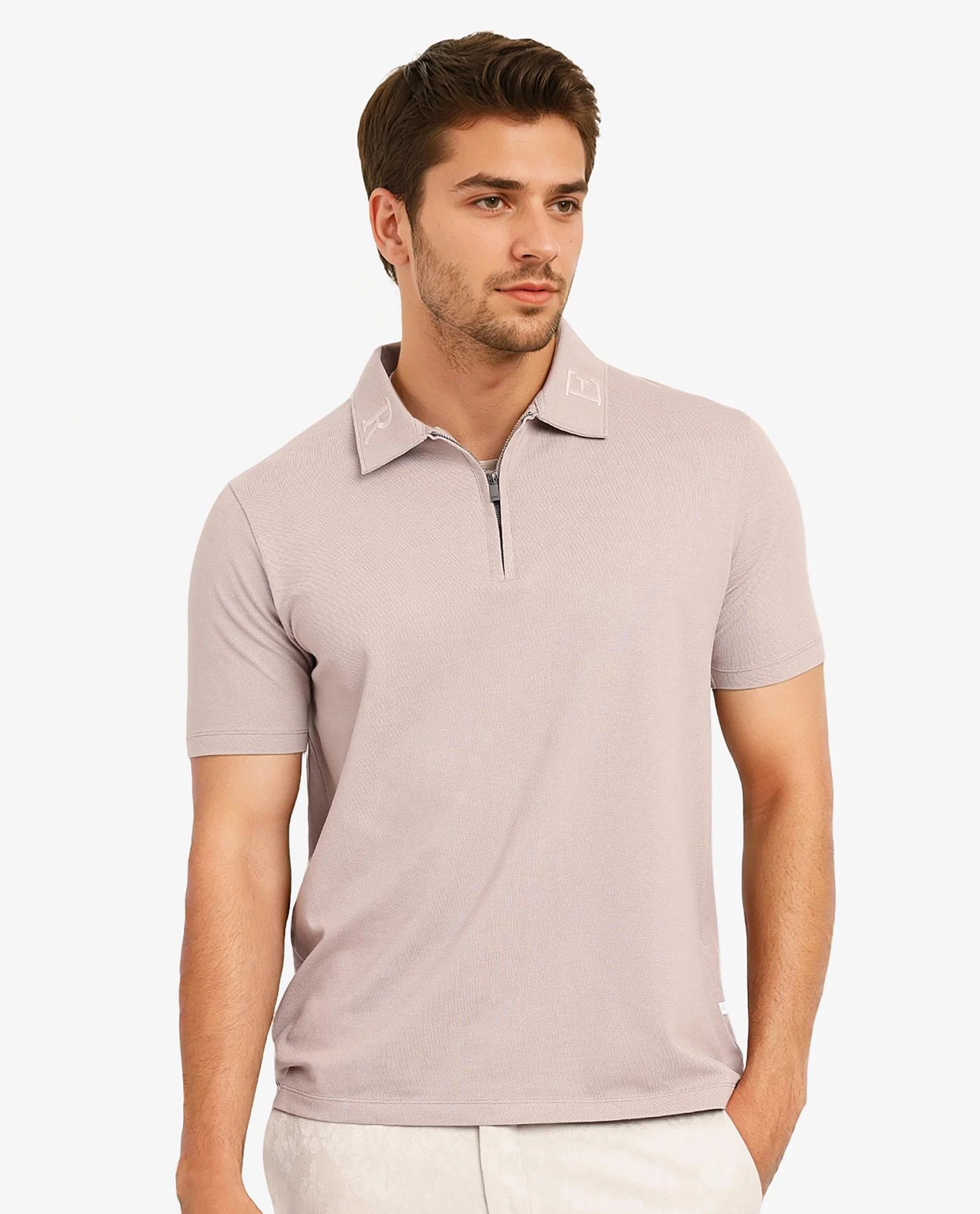 Unbeatable discounts on top-selling apparel – Only available online.  Rare Rabbit Men Thero Dusky Beige Cotton Lycra Fabric Short Sleeve Embroidered Collar Zipper Closure Plain Polo T-Shirt