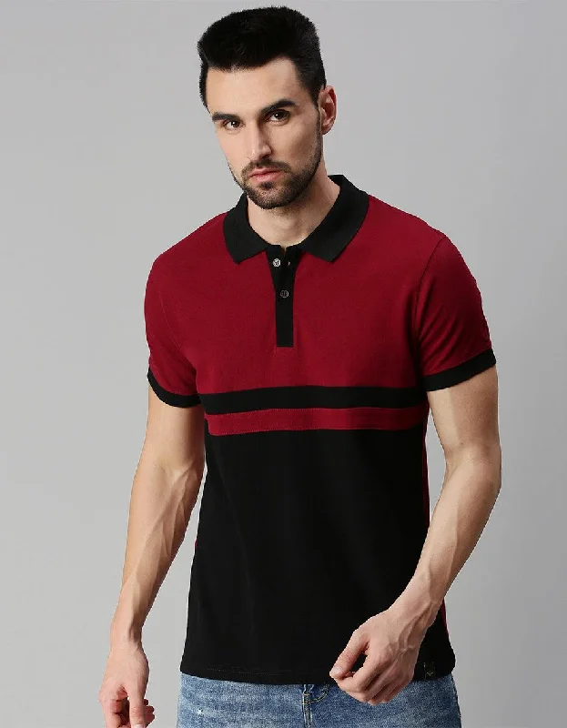End-of-season sale – men’s clothing essentials up to 60% off!  Black Maroon Colorblock Printed Polo T-shirt