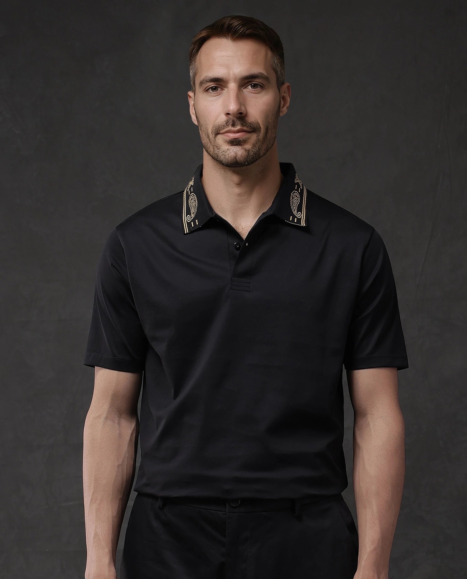 Save on trendy clothing for every season –Shoppers get exclusive deals. Rare Rabbit Men Vers Black Short Sleeve Collared Neck Button Closure Plain Polo Save on trendy clothing for every season –Shoppers get exclusive deals. Rare Rabbit Men Vers Black Short Sleeve Collared Neck Button Closure Plain Polo