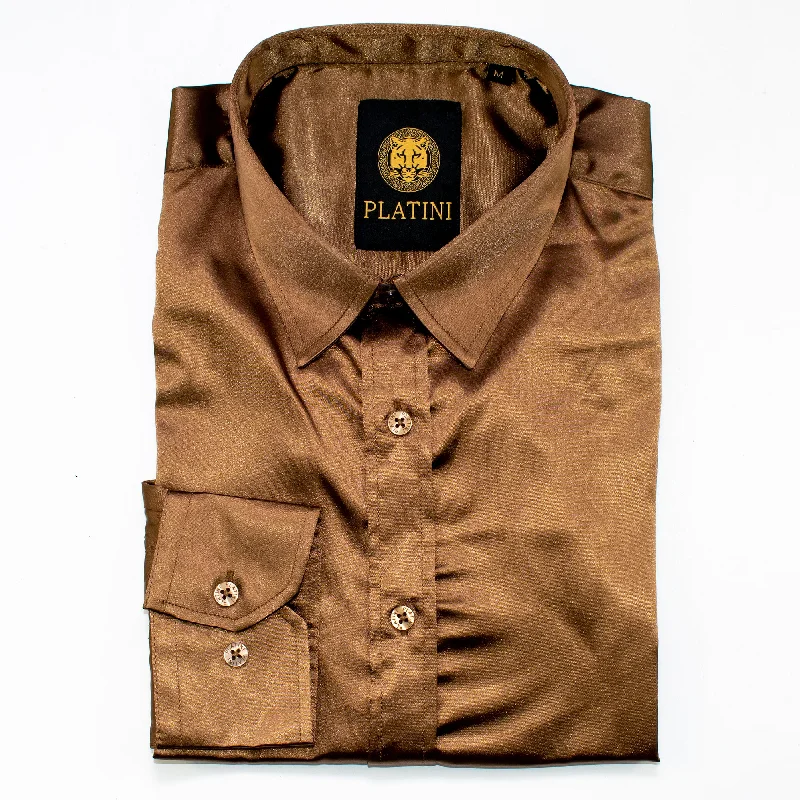 Save big on men’s casual wear – today only!  Brown Satin Slim-Fit Dress Shirt