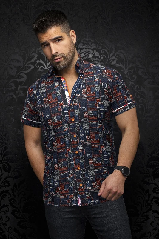 Shop stylish and affordable clothes –   AU NOIR | Short Sleeve Shirt | Finlay Navy/Orange