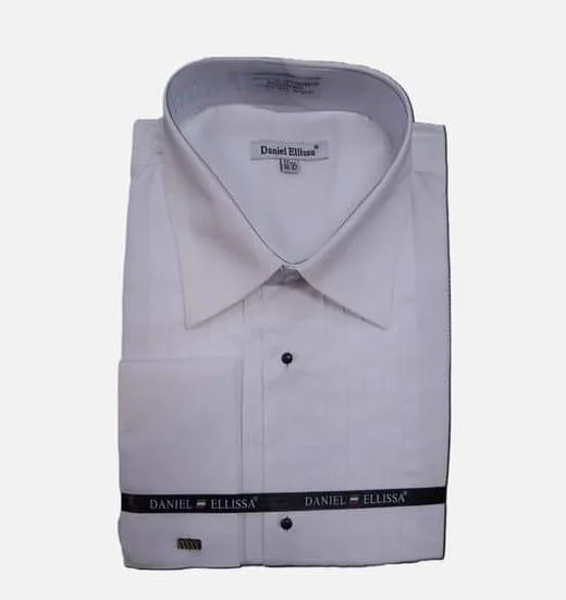 White Pointed Collar Pleated Tuxedo Shirt