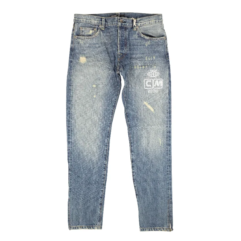 VISITOR ON EARTH Blue Distressed White Logo Denim Jeans