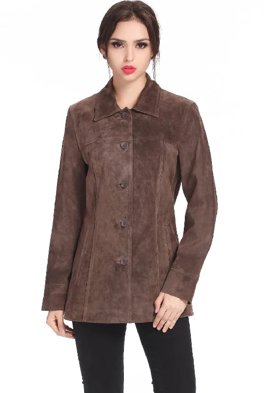 Leather Jackets Hub Womens Genuine Cow suede Leather Over Coat (Suede-Brown, Officer Coat) - 1522657