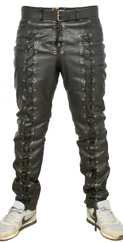 Leather Jackets Hub Mens Genuine Lambskin Leather Pants (Black, Laced Leather Pants) - 2304002