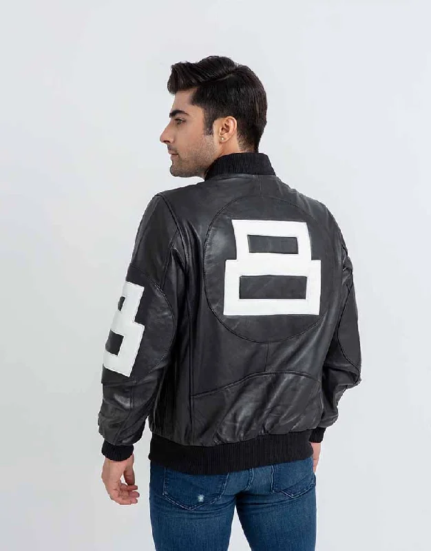 8 Ball Vibrant Black Leather Bomber Jacket