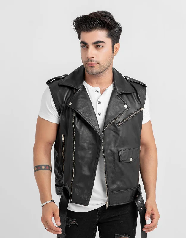 Auberon Black Leather Biker Vest