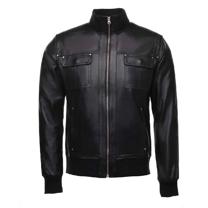 Save on men’s formal wear – perfect for your next event! Black leather jacket with straight ribbed collar Save on men’s formal wear – perfect for your next event! Black leather jacket with straight ribbed collar